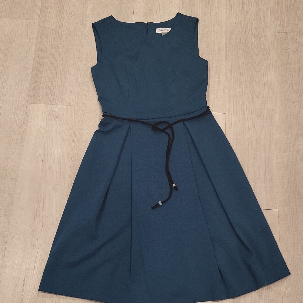 Blue Sleeveless Dress with Black Belt